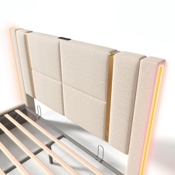 Parivuode 140x200 LEDillä, USB Type-C -lataus, sovellusten ohjaus ja säilytys, sängynrunko beigeä pellavaa patjalla