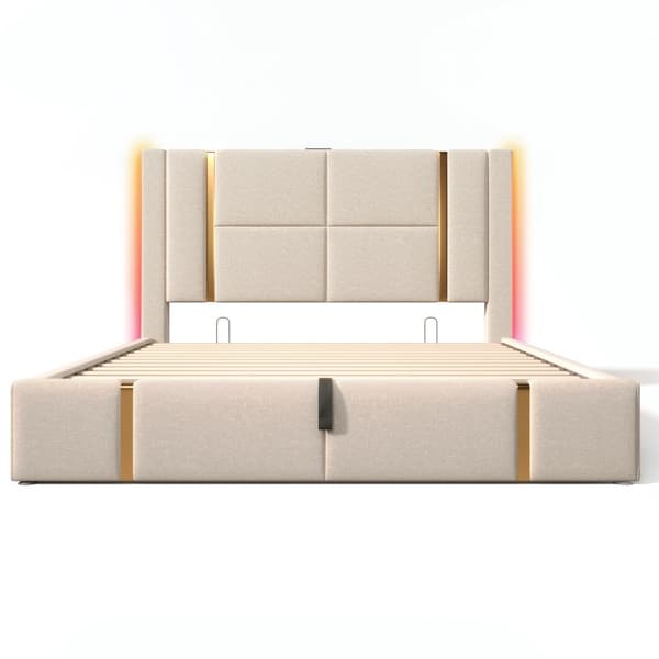 Parivuode 160x200 säilytystilalla – LED, USB Type-C lataus, sovellusohjaus, puusäleet, beige liinavaatteet, sis. patjan