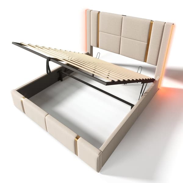 Parivuode 160x200 säilytystilalla – LED, USB Type-C lataus, sovellusohjaus, puusäleet, beige liinavaatteet, sis. patjan