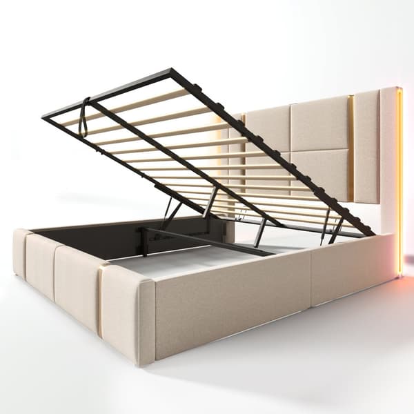 Parivuode 160x200 säilytystilalla – LED, USB Type-C lataus, sovellusohjaus, puusäleet, beige liinavaatteet, sis. patjan