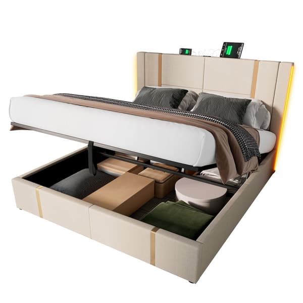 Parivuode 160x200 säilytystilalla – LED, USB Type-C lataus, sovellusohjaus, puusäleet, beige liinavaatteet, sis. patjan