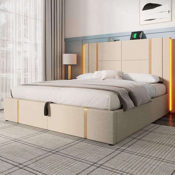 Parivuode 160x200 säilytystilalla – LED, USB Type-C lataus, sovellusohjaus, puusäleet, beige liinavaatteet, sis. patjan