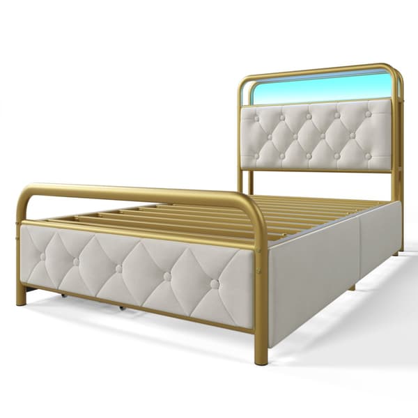 Enkeltseng 90x200 med LED, USB Type-C opladning, APP-kontrol, metalramme og 2 skuffer – fløjl, med madras