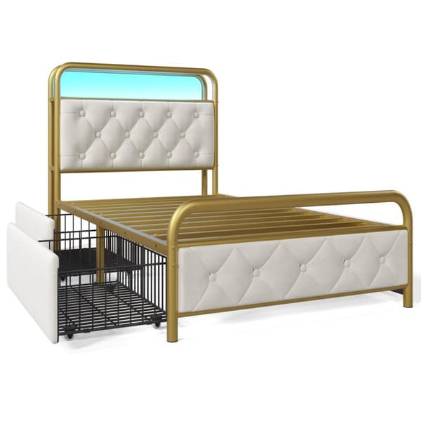 Enkeltseng 90x200 med LED, USB Type-C opladning, APP-kontrol, metalramme og 2 skuffer – fløjl, med madras