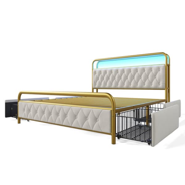 Dobbeltseng 160x200 med LED, USB-C opladning, APP-styring, 4 skuffer og fløjlssengegavl – med madras