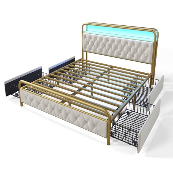 Dobbeltseng 160x200 med LED, USB-C opladning, APP-styring, 4 skuffer og fløjlssengegavl – med madras