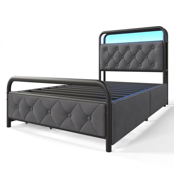 Enkeltseng 90x200 med USB-C opladning, LED belysning, app-styring, metalstel og 2 skuffer – velour inkl. madras