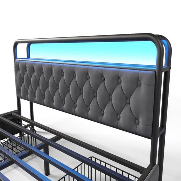 Dobbeltseng 140x200 med LED, USB-C opladning, APP-kontrol, metalramme og 4 opbevaringsbokse – fløjl, med madras