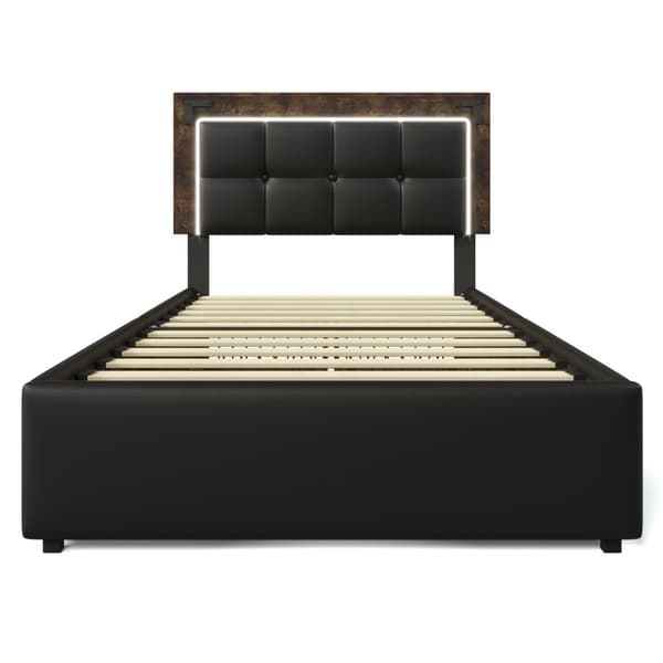 Yhden hengen sänky 90x200 cm LED-valaistuksella, säädettävä sängynpääty, 4 laatikkoa ja musta PU-nahka – patjalla