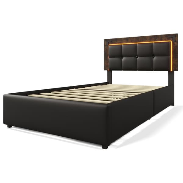 Yhden hengen sänky 90x200 cm LED-valaistuksella, säädettävä sängynpääty, 4 laatikkoa ja musta PU-nahka – patjalla