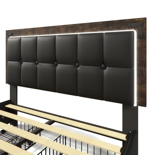 Dobbeltseng 160x200 cm med LED-belysning, 4 skuffer og justerbart hovedgærde, opbevaringsseng i sort PU med madras