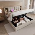 Miniatyrbillede 3 af 11: Polstret seng 160x200 cm med trådløs opladning USB-C, sengeramme med opbevaring og trælameller, naturligt hørstof (med madras)