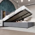 Miniatyrbillede 3 af 10: Dobbeltseng 160x200 cm med trådløs opladning USB-C, opbevaringsplads, lamelbund i træ, polstret sengestel i grå bomuld (med madras)
