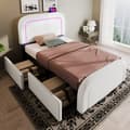 Pikkukuva 3 / 11: Yhden hengen sänky 90x200 cm LEDillä, USB-C-lataus, 2 laatikkoa, säädettävä sängynpääty, puiset säleet, valkoinen sherpa sis. patja