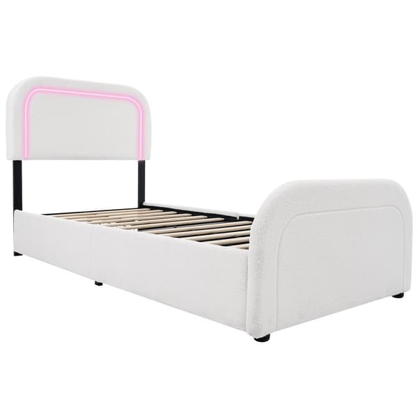 Enkeltseng 90x200 cm med LED, USB-C opladning, 2 skuffer, justerbar sengegavl, trælameller, hvid sherpa inkl. madras