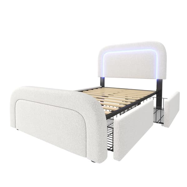 Yhden hengen sänky 90x200 cm LEDillä, USB-C-lataus, 2 laatikkoa, säädettävä sängynpääty, puiset säleet, valkoinen sherpa sis. patja