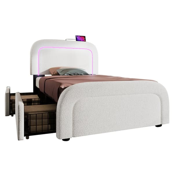 Enkeltseng 90x200 cm med LED, USB-C opladning, 2 skuffer, justerbar sengegavl, trælameller, hvid sherpa inkl. madras
