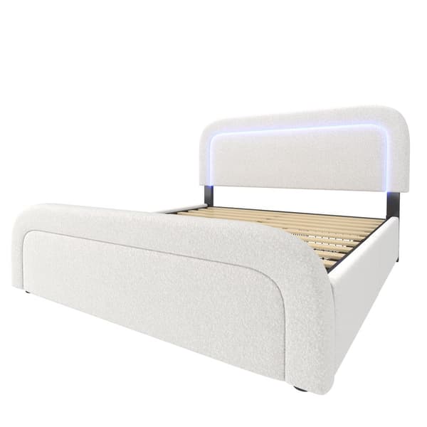 Polstringsbit 140x200 cm med USB-C opladning, LED-belysning og 4 skuffer – justerbar sengegavl, lamelbund i træ, sherpa hvid (inkl. madras)