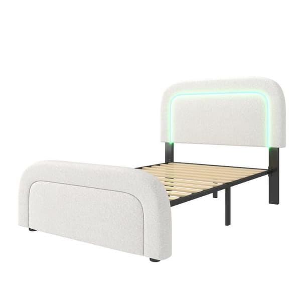 Yhden hengen sänky 90x200 cm, USB-C, LED-valaistus, korkeussäädettävä sängynpääty, puusäleet, valkoinen sherpa, sis. patjan