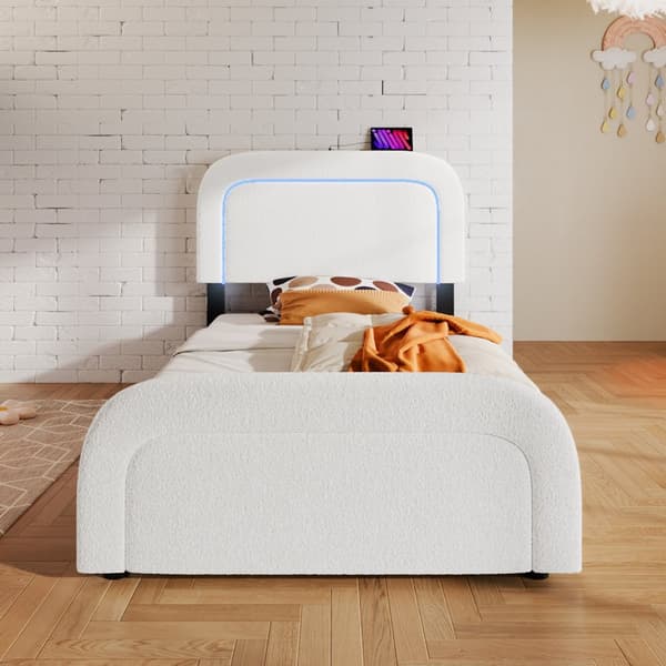 Yhden hengen sänky 90x200 cm, USB-C, LED-valaistus, korkeussäädettävä sängynpääty, puusäleet, valkoinen sherpa, sis. patjan