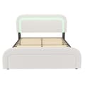 Miniatyrbillede 4 af 11: Polstret seng 140x200 med LED, USB-C opladning og justerbar sengegavl – Dobbeltseng med trælameller, sherpa hvid, inkl. madras