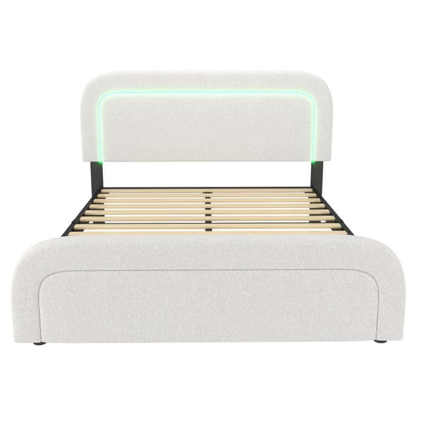Polstret seng 140x200 med LED, USB-C opladning og justerbar sengegavl – Dobbeltseng med trælameller, sherpa hvid, inkl. madras