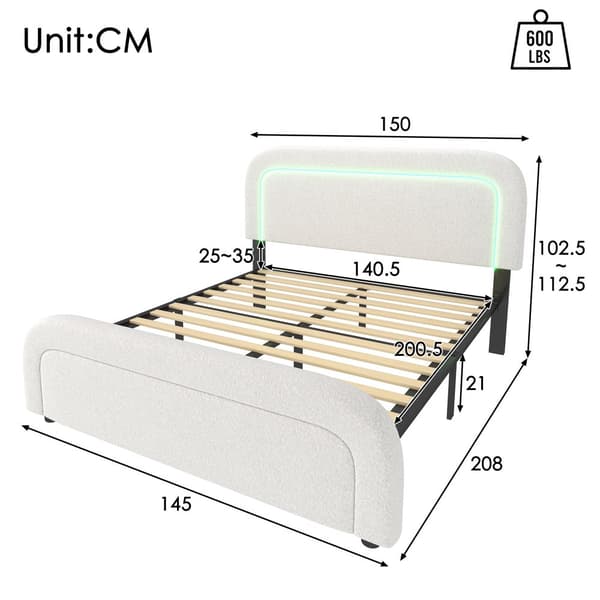 Polstret seng 140x200 med LED, USB-C opladning og justerbar sengegavl – Dobbeltseng med trælameller, sherpa hvid, inkl. madras