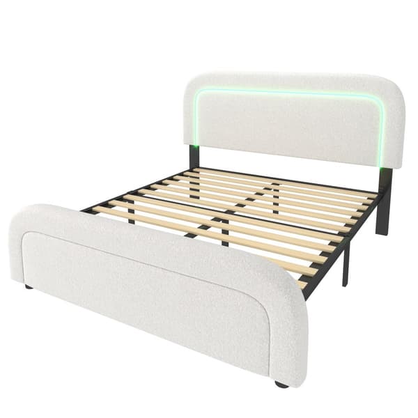 Polstret seng 140x200 med LED, USB-C opladning og justerbar sengegavl – Dobbeltseng med trælameller, sherpa hvid, inkl. madras
