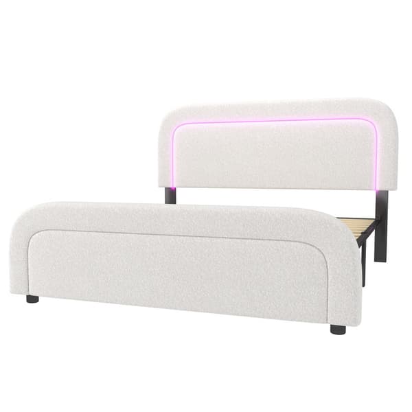 Polstret seng 140x200 med LED, USB-C opladning og justerbar sengegavl – Dobbeltseng med trælameller, sherpa hvid, inkl. madras