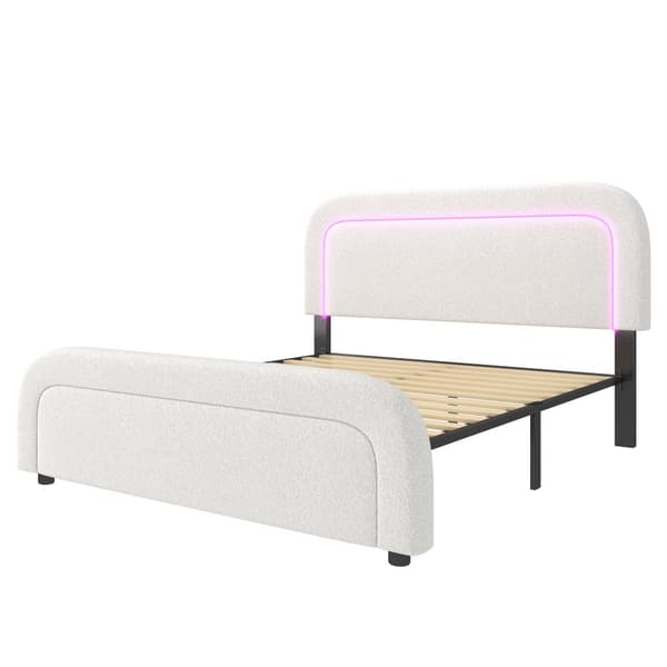 Polstret seng 140x200 med LED, USB-C opladning og justerbar sengegavl – Dobbeltseng med trælameller, sherpa hvid, inkl. madras