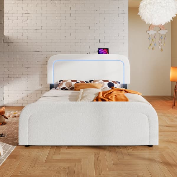 Polstret seng 140x200 med LED, USB-C opladning og justerbar sengegavl – Dobbeltseng med trælameller, sherpa hvid, inkl. madras