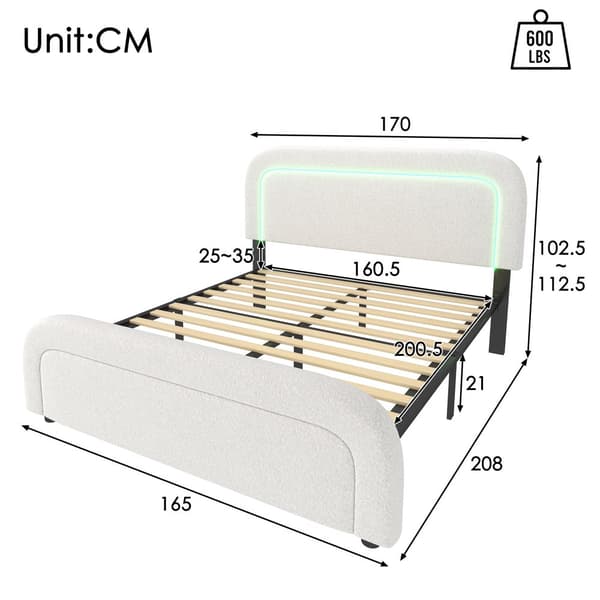 Polstret dobbeltseng 160x200 cm med USB-C, LED-belysning, højdejusterbar sengegavl, lamelbund i træ – hvid sherpa med madras