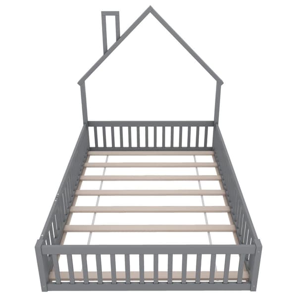 Polstersäng 140x190 cm – barnsäng med skorstenform, ribbotten, grå, minimalistisk stil, furu (utan madrass)