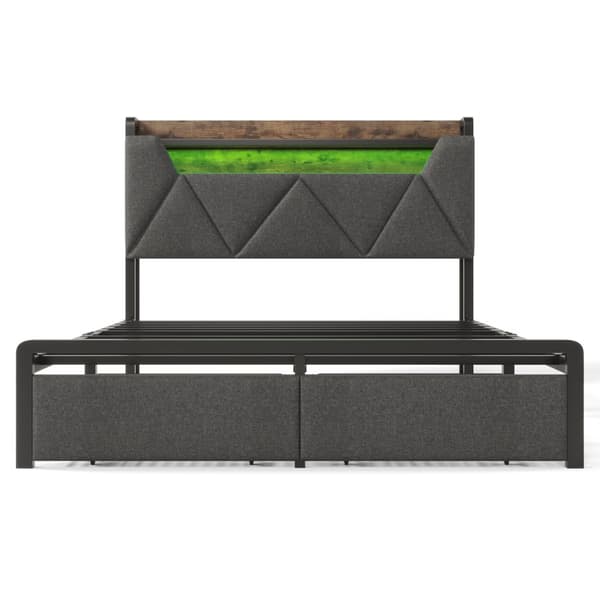 Parivuode 160x200 USB-C, LED-valaistus, sängynpääty ja laatikkosäilytys, harmaa, metallirunko, patjalla