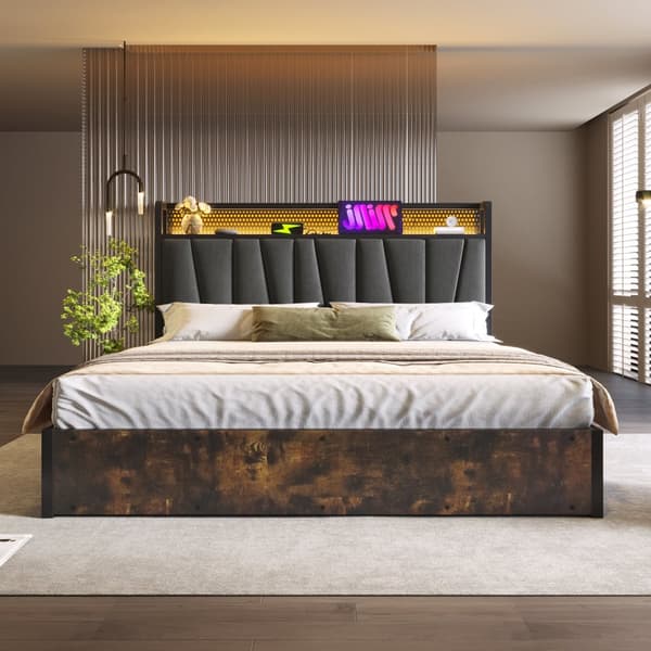 Metallinen sänky 140x200 cm LEDillä, USB-lataus, sovellusohjaus ja puiset säleet, harmaa, parivuode patjalla