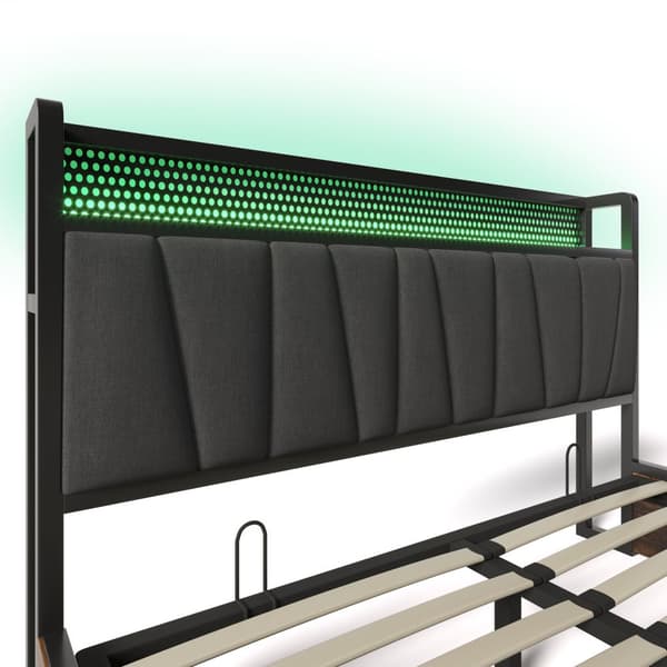 Metallinen sänky 160x200 cm LEDillä, sovellusohjaus, USB-lataus ja sängynpääty valaistuksella, harmaa, parivuode patjalla