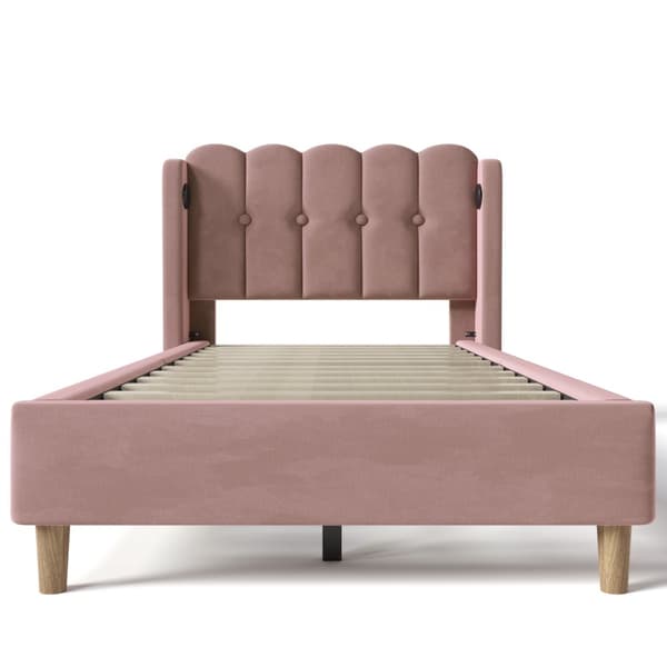 Enkeltseng 90x200 cm i lyserødt velour med USB-C opladning og lamelbund, ungdomsseng med madras til soveværelse/gæsteværelse