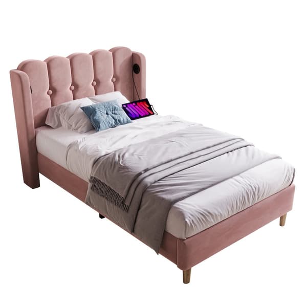Enkeltseng 90x200 cm i lyserødt velour med USB-C opladning og lamelbund, ungdomsseng med madras til soveværelse/gæsteværelse