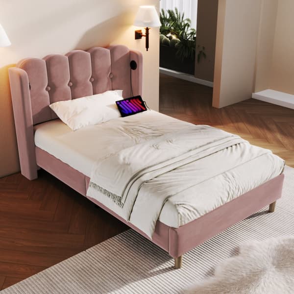 Enkeltseng 90x200 cm i lyserødt velour med USB-C opladning og lamelbund, ungdomsseng med madras til soveværelse/gæsteværelse