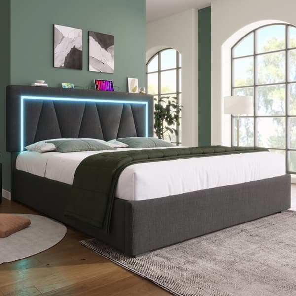 Parisänky 140x200 cm LEDillä, USB-C-lataus, säilytystila ja sälepohja, liinavaatteet nuorisosänky patjalla