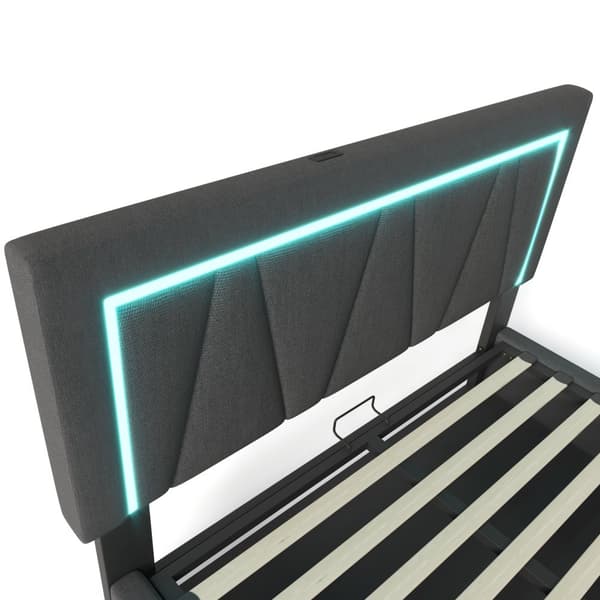 Parivuode 160x200 LED-valaistuksella, USB-C-lataus ja säilytystila – pehmustettu sängynrunko beigeä pellavaa sälepohjalla