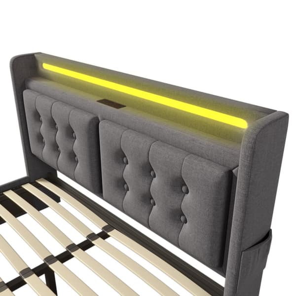 Parivuode 160x200 LED-sängynpäädyllä, USB-C-lataus ja 4 laatikkoa, sängynrunko puuta ja metallia, harmaa puuvilla, sis. patjan