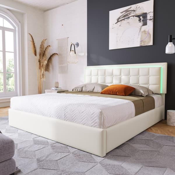 Dobbeltseng 140x200 cm med opbevaring og LED-belysning – sengestel i hvidt kunstlæder med lamelramme og madras