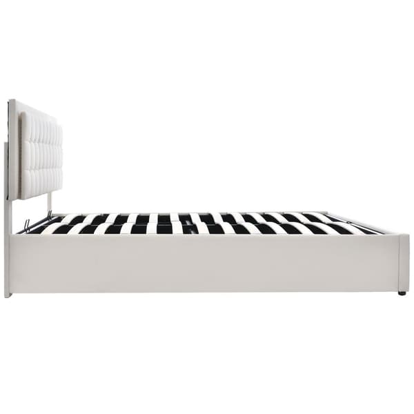 Dobbeltseng 140x200 cm med opbevaring og LED-belysning – sengestel i hvidt kunstlæder med lamelramme og madras