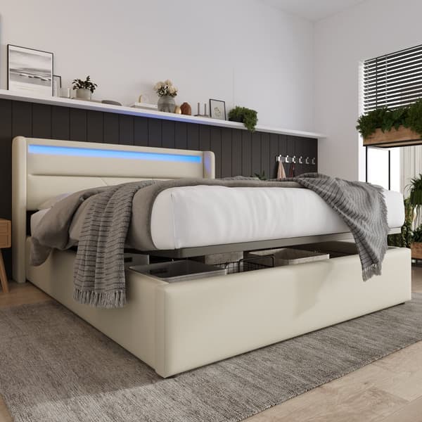 Hydraulinen säilytyssänky LED-valaistuksella 140x200 cm – valkoinen verhoiltu parivuode sängynrungolla ja patjalla