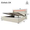 Pikkukuva 5 / 11: Hydraulinen säilytyssänky LED-valaistuksella 140x200 cm – valkoinen verhoiltu parivuode sängynrungolla ja patjalla
