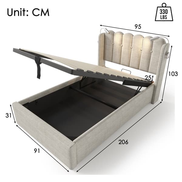 Enkelbädd 90x200 med läslampa, USB-laddning, förvaring och ribbotten, säng i linne med madrass, naturfärg