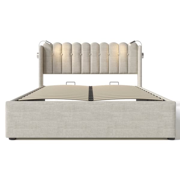 Parivuode 160x200 lukuvalolla, USB-lataus, säilytystila ja sälepohja, pellavasänky patjalla, luonnollinen väri