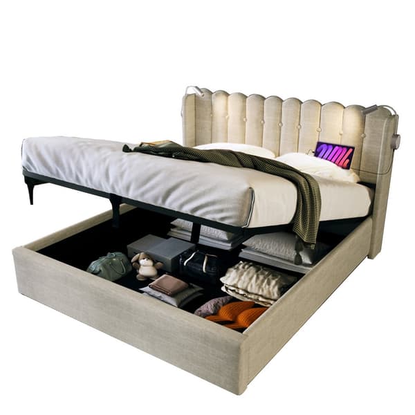 Parivuode 160x200 lukuvalolla, USB-lataus, säilytystila ja sälepohja, pellavasänky patjalla, luonnollinen väri