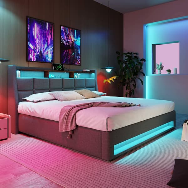 Verhoilusänky USB:llä 160x200 cm – LED-parisänky metallirunkoisilla säleillä, pellavasängynrunko patjalla